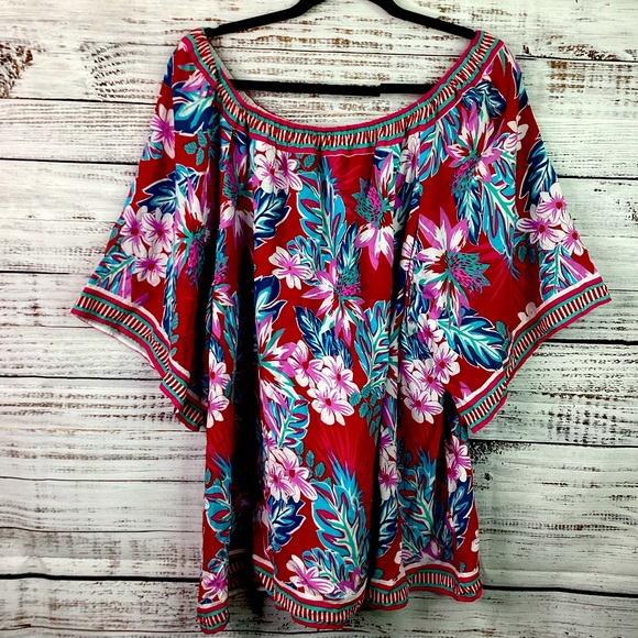 Colleen Lopez Tops - COLLEEN LOPEZ PLUS SIZE 1X RED FLORAL TOP SUMMER VACATION BLOUSE GUC